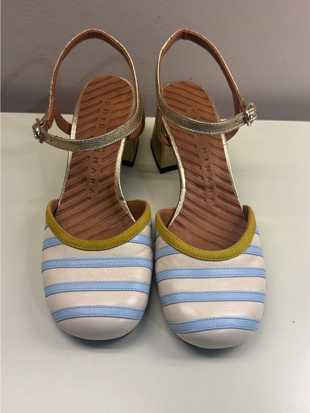 Chie Mihara Cream and Light Blue Striped Block Heel Sandals with Gold Strap